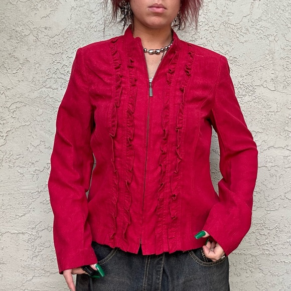 Y2k Red Velvet Zip Up Ruffle Long Sleeve Top or Jacket - Picture 10 of 10